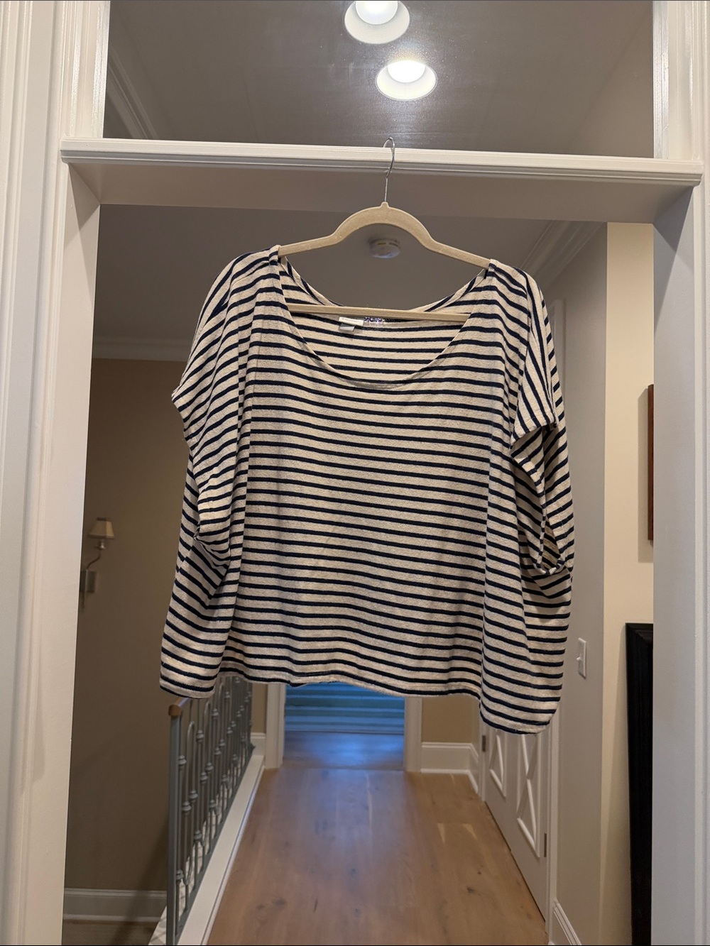 Women's Black and Cream Striped Long Sleeve Boatneck Top